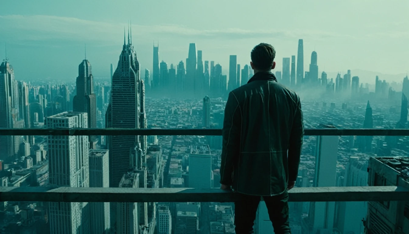 cinematic film still of  a man Are standing on a ledge in a future的な city,Vionic,Transhuman,Dystopia,Dystopian,Kaktopia,sf,high tech,Low lifespan,Societal Collapse,artificial,Posthuman,future,future的な,artificial intelligence,cyborg,Genetically Enhanced Humans,sf,Cyberpunk Style,alone,One person,Are standing,Men&#39;s Center,Outdoor,null,From behind,night,building,scenery,sf,city,handrail,silhouette,cityscape,Wide Shot,nullscraper,city lights,Neon Light , Cyberpunk Style, Shallow depth of field, Vignette, Very detailed, High budget, Bokeh, CinemaScope, Sulky, amazing, nice, Film Grain, granular