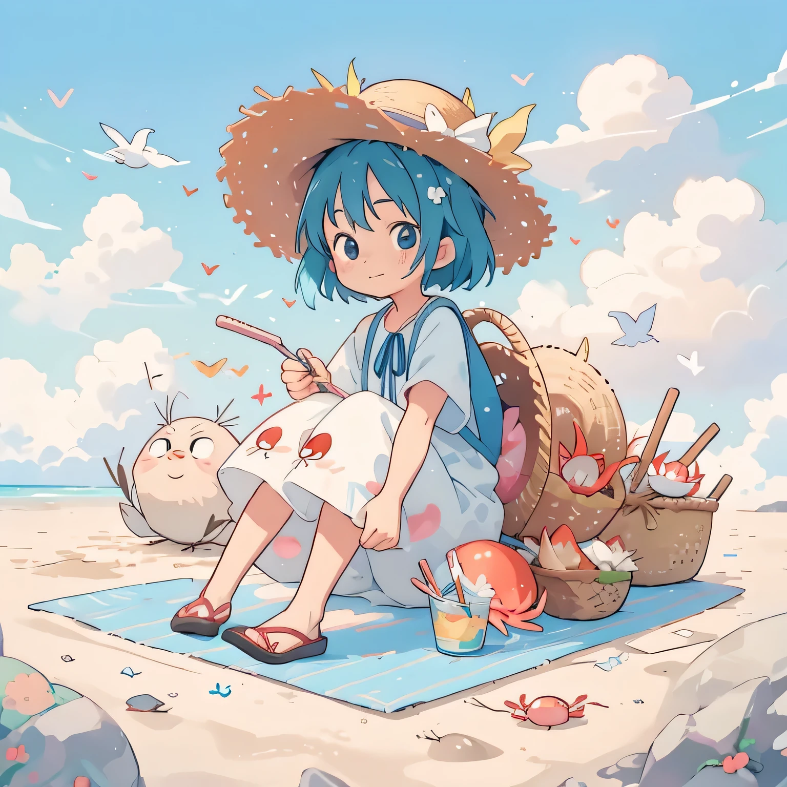 Hayao Miyazaki colorful Style, Kawaii Design, most beautiful girl ever、Chibi, Straw hat、Lots of friends、birdie、Summer beach, crab