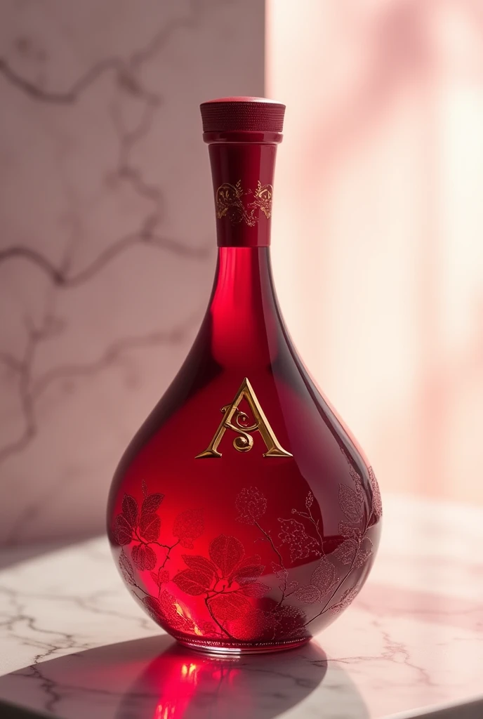 create a glass bottle for a cherry liqueur company, the name is: Cherry Rubi. What should convey: elegance and sophistication. logotype: an 'A' with a cherry.