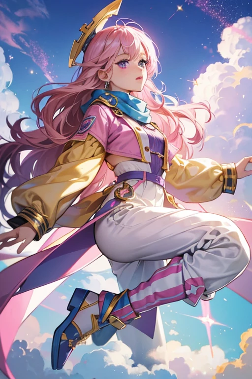 Skyanna has a light complexion with freckles and dark pink lips and eyebrows. Her eye-shadow is light pink and she has lilac eyes. Her pink hair is worn loose in several tight curls and her bangs are swept to the right in a curl that swirls inward on the end. She wears a purple helmet with gold goggles and azure ear-pieces. Her outfit consists o a hot pink top with a sky blue and gold jacket, white scarf, and dark purple pants with gold buttons and lilac airplane designs. Her white shoes have a pale blue airplane and clouds on them. SPARKLE; GLITTER