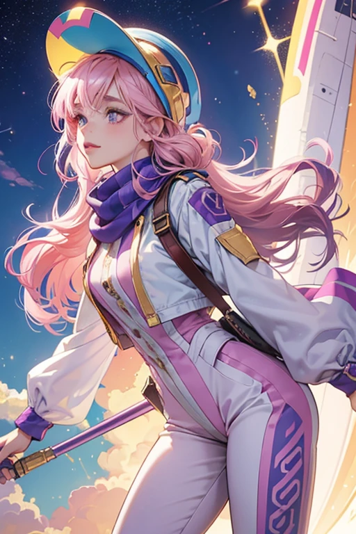 Skyanna has a light complexion with freckles and dark pink lips and eyebrows. Her eye-shadow is light pink and she has lilac eyes. Her pink hair is worn loose in several tight curls and her bangs are swept to the right in a curl that swirls inward on the end. She wears a purple helmet with gold goggles and azure ear-pieces. Her outfit consists o a hot pink top with a sky blue and gold jacket, white scarf, and dark purple pants with gold buttons and lilac airplane designs. Her white shoes have a pale blue airplane and clouds on them. SPARKLE; GLITTER