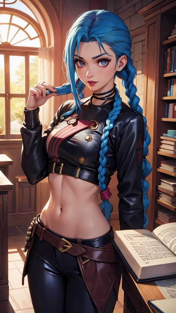 Blue Haired Girl, Book, Arcanum, red-lips, Arcanum. Book, Girl with twin braids and blue color., Book, Arcanum, Book de Arcanum, Book usa uma blusa marrom com um 'x' no meio sa blusa, Arcanum, Book wears leather pants, estilos Arcanum, Book, Eyes pink