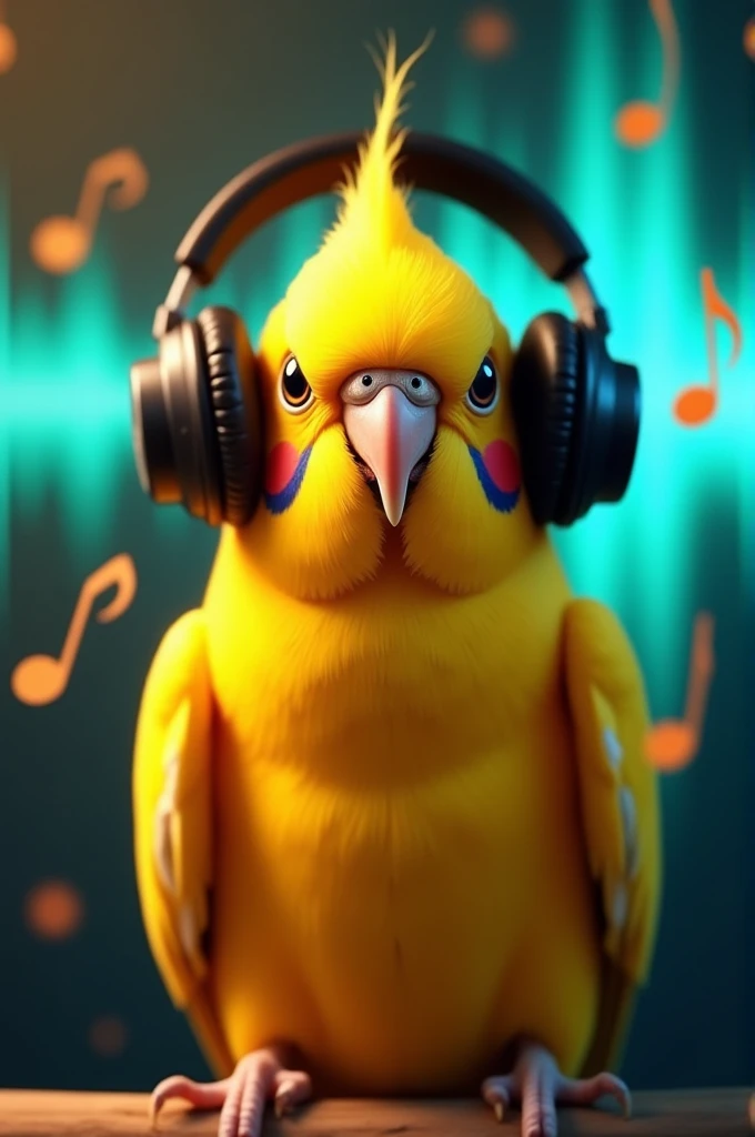 Profile picture for a podcast featuring an angry yellow parakeet wearing headphones 