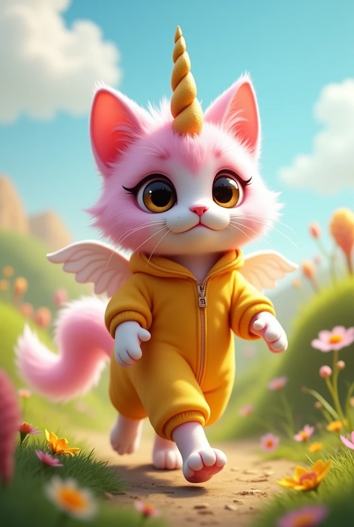A pink-colored alicorn cat with brown eyes is wearing a yellow jumpsuit and has white wings and a golden horn in the middle of its forehead. It has a furry tail, which is half fluffy and half thin and graceful.