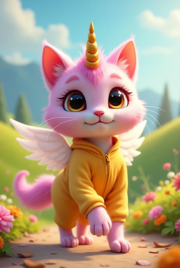 A pink-colored alicorn cat with brown eyes is wearing a yellow jumpsuit and has white wings and a golden horn in the middle of its forehead. It has a furry tail, which is half fluffy and half thin and graceful.