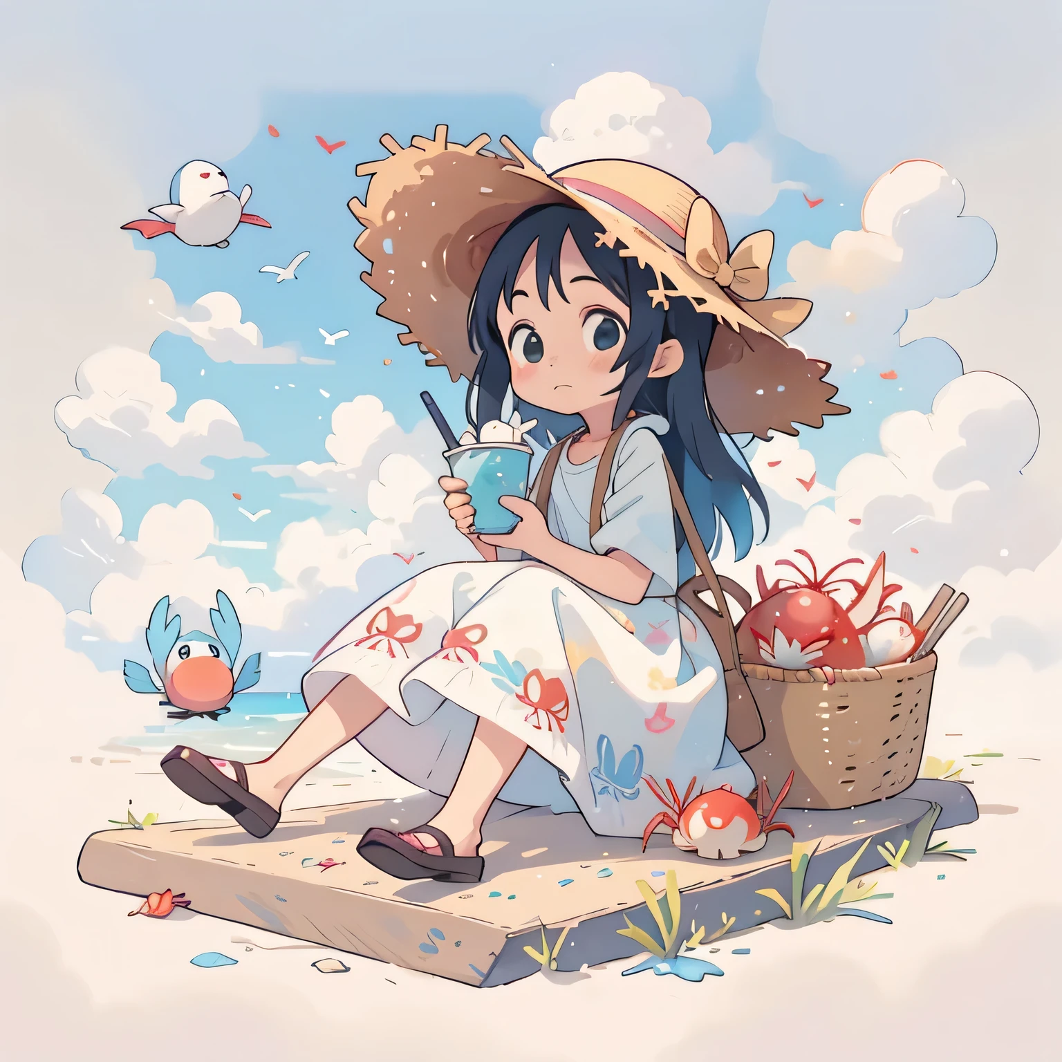 Hayao Miyazaki colorful Style, Kawaii Design, most beautiful girl ever、Chibi, Straw hat、Lots of friends、birdie、Summer beach, crab