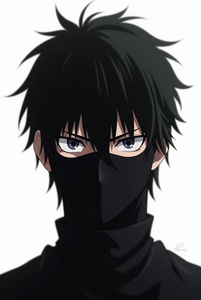 Head of serious type male anime character with black mask no design and have white background.
