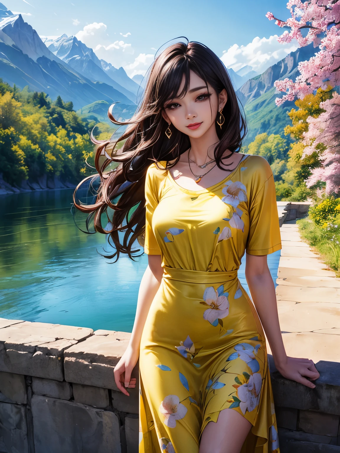 (Realisticity:1.4),Cinematic Lighting,1Girl,(standing,beautiful long_Slender_legs),(korean mixed,kpop idol:1.2),earrings,necklace,(long_brown_wavy_hair),pink_red_shiny_lips,eyelashes,make-up,shiny,Pore,skin texture,beautiful breasts,smile, ((Watercolor floral print t-shirt with delicate and romantic blossoms in soft pastel shades, yellow long dress)),((Incredible mountainous panorama, summer, Charming bridges, Rivers)),Dynamic pose,