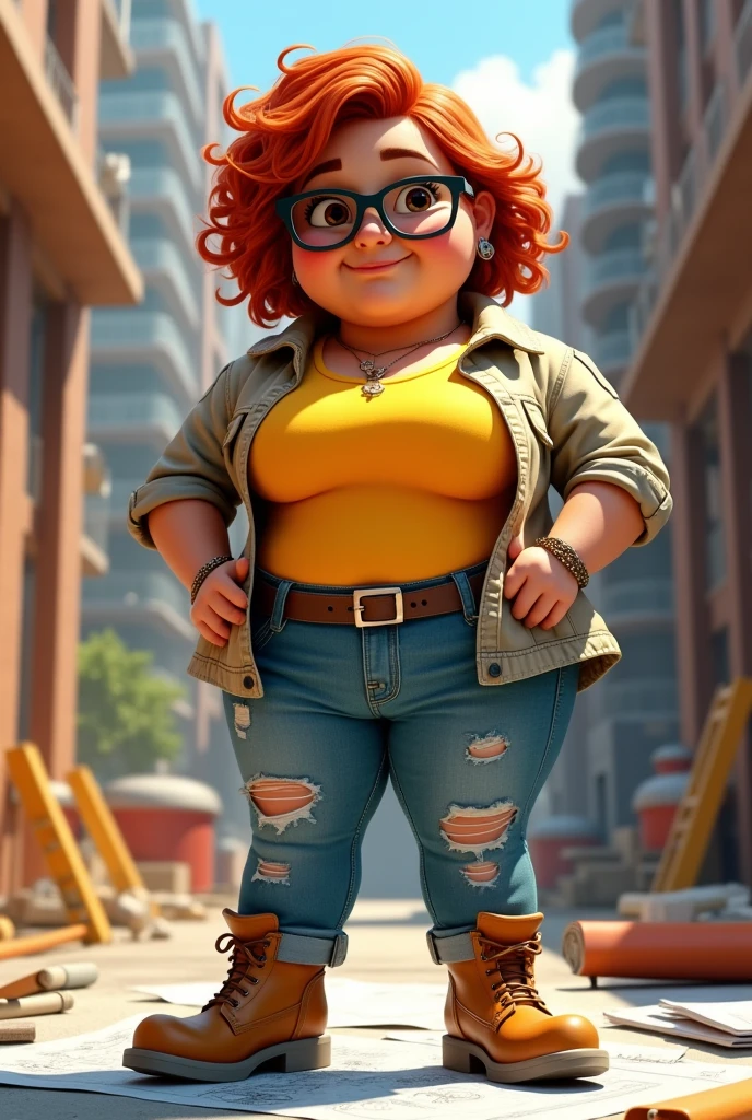 Very chubby and chubby female architect, with medium short curly copper red hair at shoulder length, brown skin, dark brown eyes and hipster glasses, with bracelets and nose piercing, with rockstar style bag, ripped denim jeans, wearing a yellow shirt and a canvas jacket over it, open, and construction boots, construction stop, Disney Pixar Cartoon version 