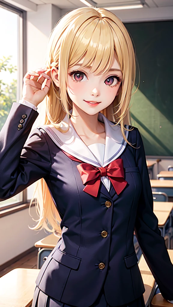 Blonde long hair high school girl,Red eyes, Sailor suit,blazer,School,classroom, The,smile,Bust Shot