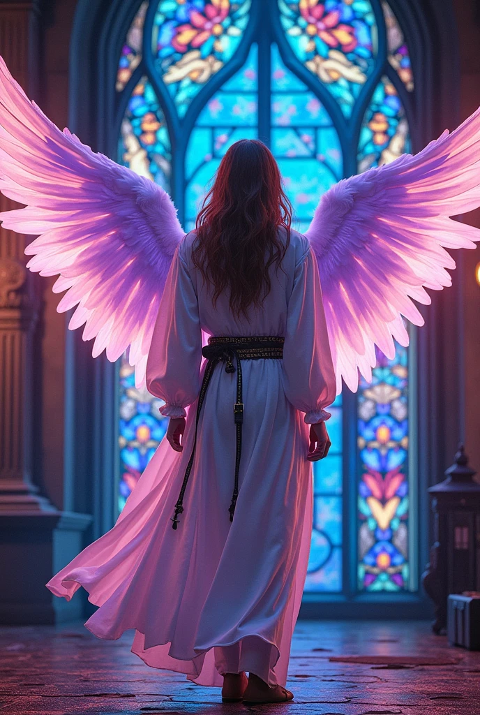 Arafed a ((stained glass art image:1.5)) stained-glass windows, of a (male angel: 1.2) standing in at the street at noite an exquisite beautiful cyberpunk male angel, teenager, long hair brown 1.3)), (lilac angelic wings: 1.2), spread angelic wings, white outfit, white, Mediovale (work of art: 1.5), Vibrant, ultra-high resolution, hight contrast, work of art:1.2, highest quallity, better aesthetics), best details, best qualityer, high resolution, Ultra Wide Angle, 16K, [ultra detaild], work of art, best qualityer, (extremely detaild), mechanical creatures, intense gaze, stained-glass windows