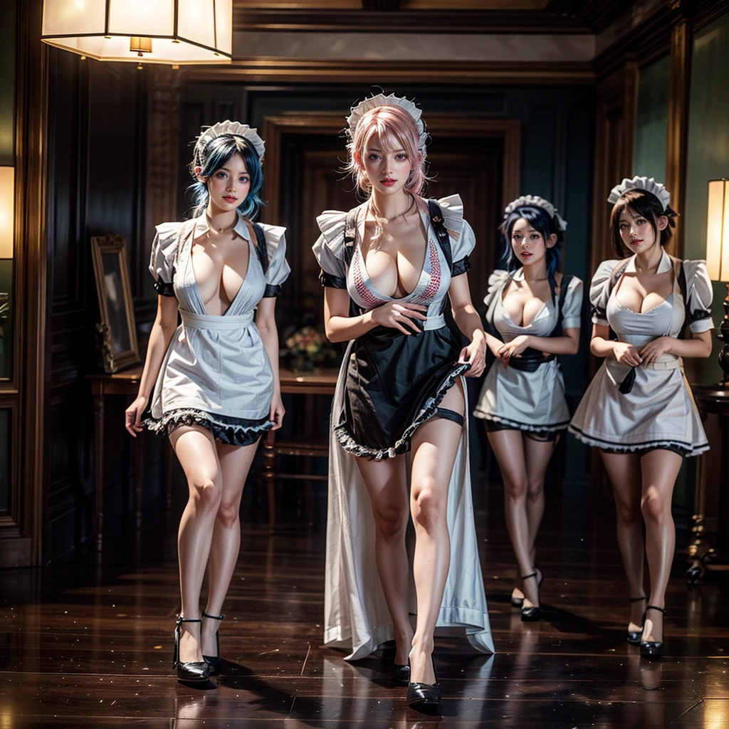 (Full Body of Extremely Detailed((Sexy Maid Group in a row:1.37))), KAWAII perfect face, Reflective Eyes, Detailed(Delicate Clothing textures), Correct Leg Line, Dynamic Joyful Expressions LifeLike Rendering, Specular Reflection, TopQuality 8K Ultra-detailed masterpiece (ProfessionalPhoto:1.37), (Acutance:0.8), (Luminism:1.28), Renaissance art style, Colorful Light particles, ((Full body from side)), {MicroMini Skirt|Kissing|Thigh Gap|AssFocus|(NakedApron with (Overflowing Sideboob)|Reflectiv NippleSticker)}, Radiant Fine Skin with Transparency, (Exposed:0.41), (Different types of Anime hair color){Pink Hair|Blue Hair|Platinum Blonde|Pure White Hair|Liquid Hair}, Perfect Lighting