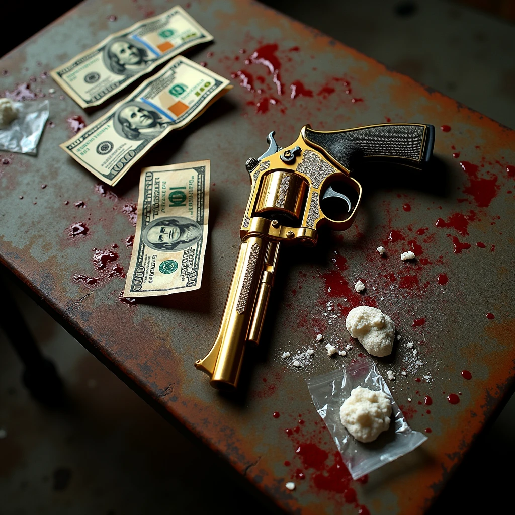 Old and dirty metal table with some rusty details, flat view top down, with 100 dollar bills (a few dents or tears), a golden desert eagle revolver with details studded with small, sparkling white diamonds, several lines of ???????, small bags of ??????? torn apart. Blood and ??????? scattered around the scene, blood staining some $100 bills.