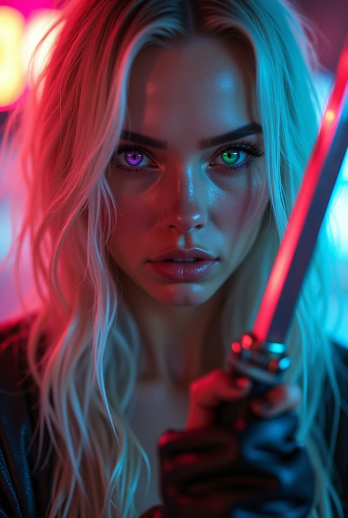 a girl with a katana in her hands, (((ly beautiful))), (((european girl))), macro photography, cybernetic, improved quality, photorealistic, cyberpunk 2077, detailed facialres, multicolored eyes, long eyelashes, make-up, close-up, hyper facial detaigreen eyes))), (((light hair))) conscious gaze, professional photo, 4k, high resolution, high detail, 30mm lens, 1/250s, f/2.8, ISO 1