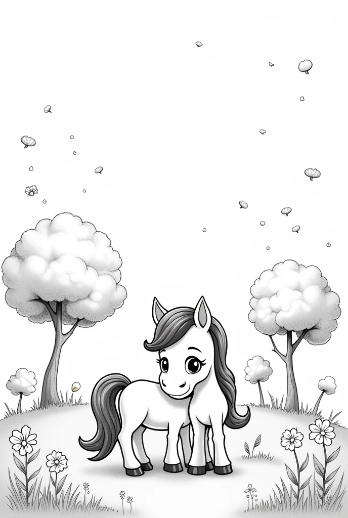 A black and white drawing of a cute and happy foal drinking from its mother in a field with trees and flowers., as if they were cartoon characters