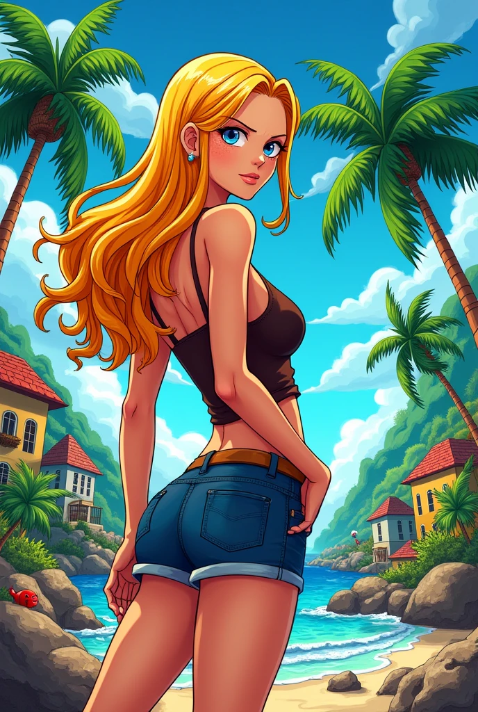 Make me a one piece style panel of a woman with blonde hair and orange ends, with dark blue eyes