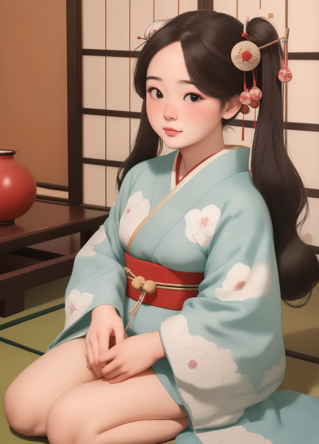 (masterpiece、Highest quality、Highest quality、Official Art、Beautiful and beautiful:1.2)、(One person:1.3)Hatsune Miku、Twin tails,Beautiful breasts, Katsushika Hokusai,A 24-year-old woman who plays a traditional Japanese instrument. She has been a long time, With black hair and a beautiful kimono. She sits elegantly in front of the koto, a shakuhachi beside her, There is a shamisen nearby.. The setting is calm, It appears to be a traditional Japanese room with tatami mats and shoji screens., Evoking a sense of tranquility and heritage.
