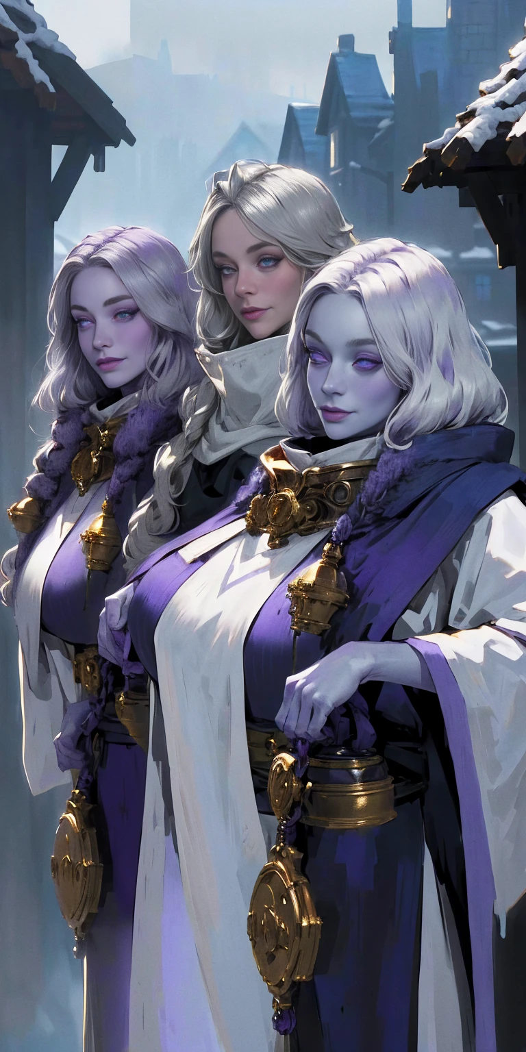 (Triplets)(chest covered)(smile)Gray skin, pale golden hair and violet eyes. They prefer clothing of white and silver with cloaks of deep blue or purple,village background, huge_knockers, ((very precise detailed)), ((highres)