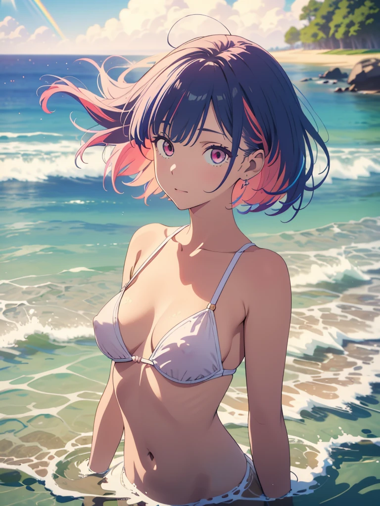 (18 years old:1.4),(Very Young Face), (japan Person femes idol), 1girl, (medium Breast:1.4),)(pink nipples:1) Stroll along the seaside, sunshine, (masterpiece:1.0),(best_quality:1.0), ultra high res,4K,ultra-detailed, photography, 8K, HDR, highres, (perfect anatomy:1.4),(Beauty of form:1.4) (Golden ratio), (loraeyes),(big eye), (odd eye:1.4), (rainbow hair:1.4),(floating hair),(liquid clothes:1), (water:1),