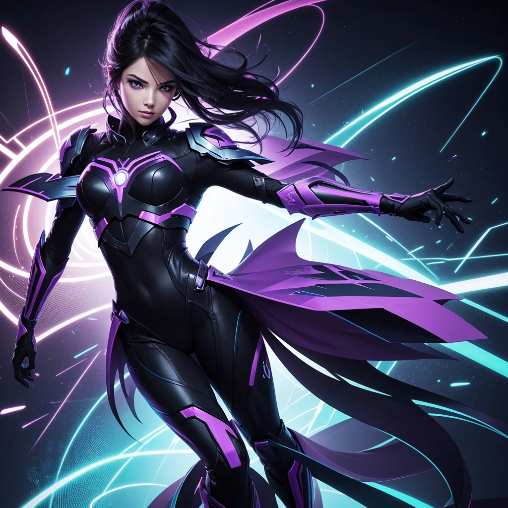 Create a vibrant and modern image with the title 'TrendRadarFusion' in the center. The background should be a dynamic gradient in shades of purple and electric blue, with an abstract design that suggests movement. Include a realistic person on the right side of the image, with a professional look and modern attire, observing a mobile device or screen showing graphics and trends. The person should have an expression of interest and enthusiasm. The title 'TrendRadarFusion' should be in a modern sans-serif font, with shimmer and shadow effects to highlight. Add graphic elements such as video icons, trending graphics and a stylized radar in the background, Complementing the trend theme."