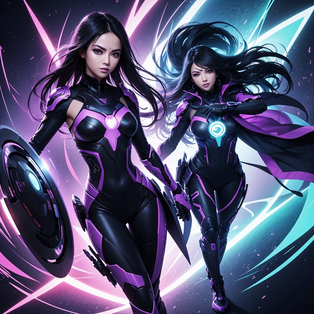 Create a vibrant and modern image with the title 'TrendRadarFusion' in the center. The background should be a dynamic gradient in shades of purple and electric blue, with an abstract design that suggests movement. Include a realistic person on the right side of the image, with a professional look and modern attire, observing a mobile device or screen showing graphics and trends. The person should have an expression of interest and enthusiasm. The title 'TrendRadarFusion' should be in a modern sans-serif font, with shimmer and shadow effects to highlight. Add graphic elements such as video icons, trending graphics and a stylized radar in the background, Complementing the trend theme."