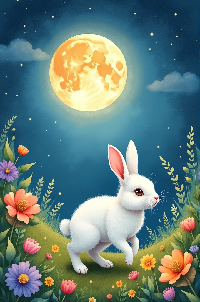 Create a story book about the moon, the rabbit and the flower