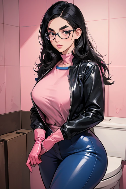 A black-haired, freckled girl with glasses wearing large pink rubber gloves and a blue long-sleeved jumpsuit　Thick eyebrows　Dirty toilet