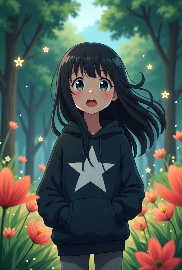 I want a Ghibli studio anime art, from an 18-year-old, with a black sweatshirt, blackquality hair, a big white star in the middle of the sweatshirt. Explaining something