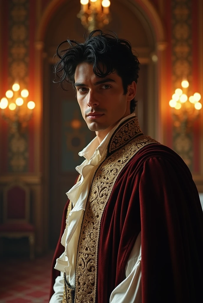 handsome 25 year old man, a tough but handsome profile, tanned skin, black hair, slightly messy, black eyes, unfriendly face, beardless and dressed like a king.