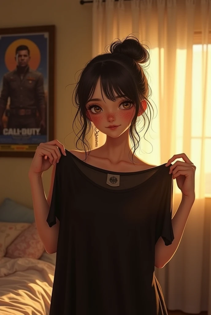 (semirealism:1.2), shoot from the upper angle, inside apartment, bed in the background, COD game poster on the background, golden hour, beautiful woman, freckles on face, pale skin, jet black hair, ponytail without bangs, short ponytail, black eyes, wearing black milkmaid dress, warm color, cheerful face, youthful face, holding a wet black t-shirt in one hand