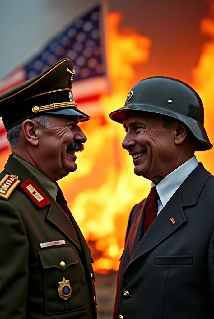 Adolf Hitler and Vladimir Putin wearing helmets laughing to a burning in flames USA flag.