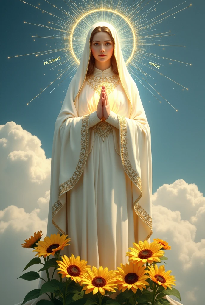 Our Lady of Fatima:
- Keep the white mantle with golden details, which should appear subtle and elegant.
Add the sunflowers at the foot as if it were a cloud. Behind the image, use digital connection points linked to the PASCOM name, coming from the center