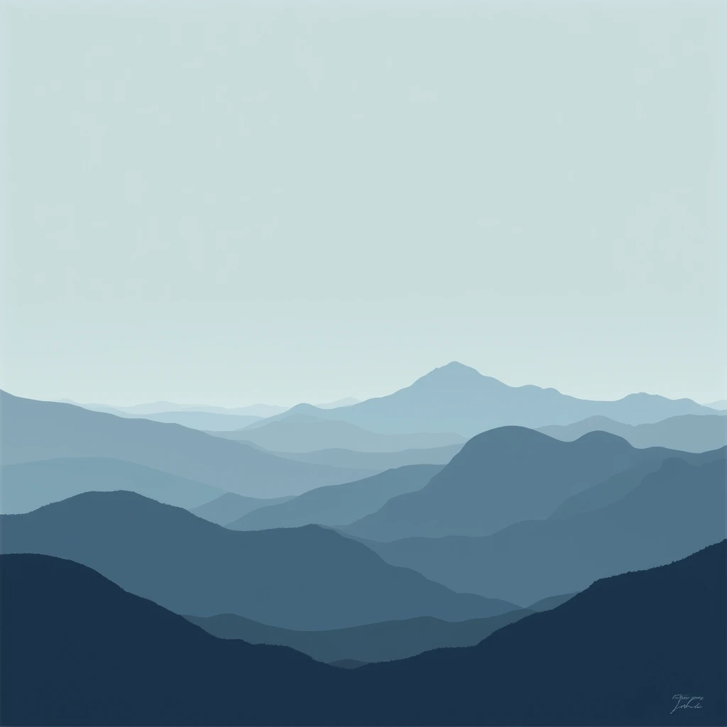 A minimalist landscape design , showcasing a serene mountain range with a simple color palette in shades of blue and gray.