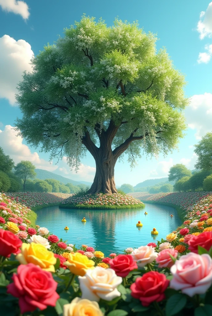 This image should be 3D, a large tree in the center of a lake surrounded by a field of roses in various colors. The tree in the center of the lake has white flowers growing on it. It's a beautiful day and ducks are swimming in the lake.