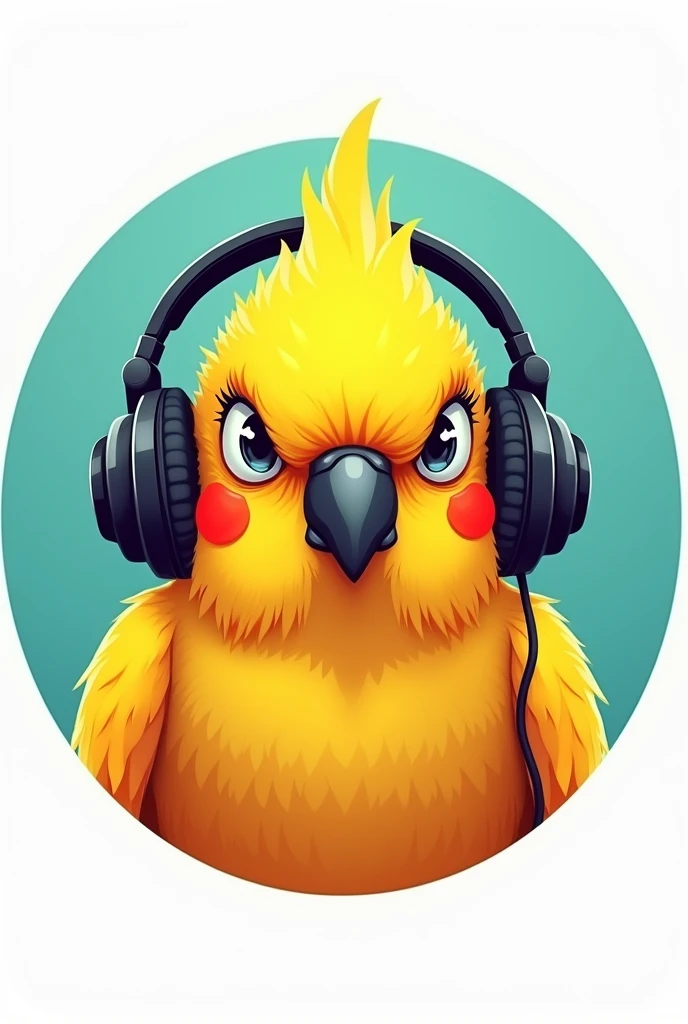 Profile picture for a podcast featuring an angry yellow parakeet wearing headphones, clean design template