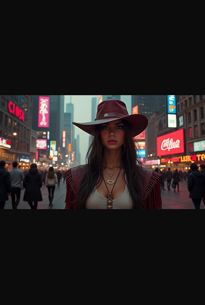 a handsome cowgirl, cyberpunk style, hood, neon lights, high-tech clothing, 