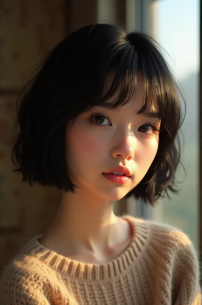 (masterpiece:1.3), (8k, photorealistic, RAW photo, best quality: 1.4), (1girl), beautiful face, (realistic face), (black hair, short hair:1.3), beautiful hairstyle, realistic eyes, beautiful detailed eyes, (realistic skin), beautiful skin, (sweater), absurdres, attractive, ultra high res, ultra realistic, highly detailed, golden ratio
