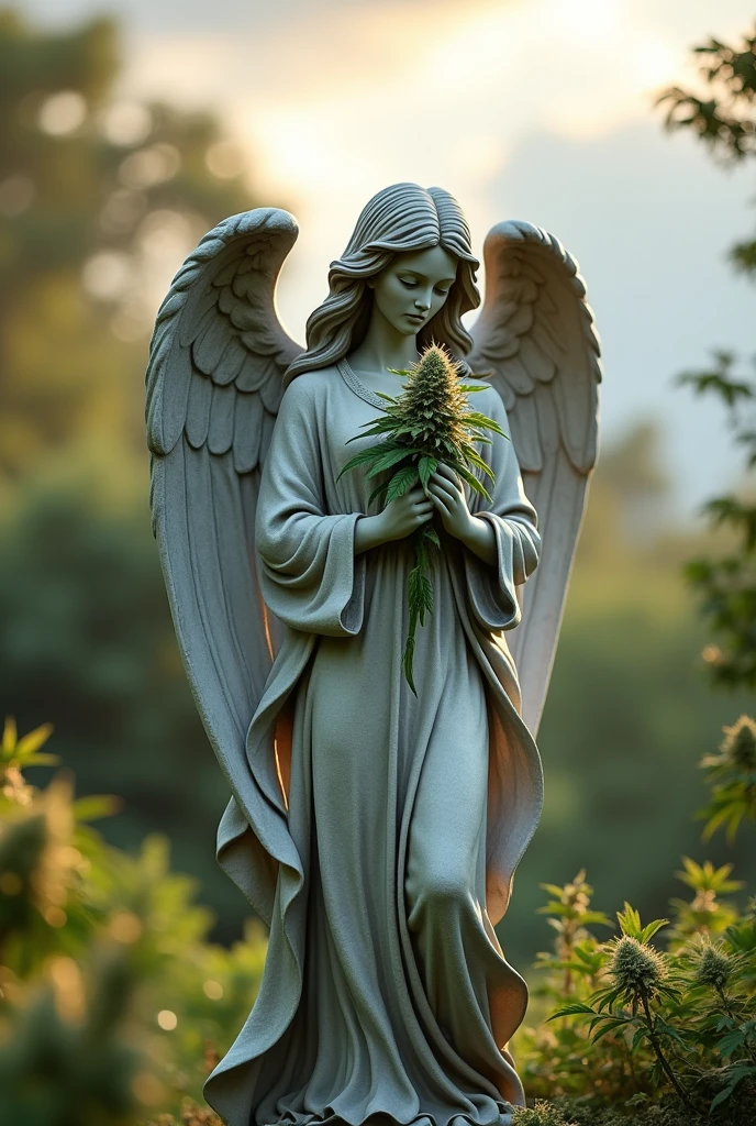 A concrete statue of an angel in the center holding a cannabis flower, with light and clouds around it