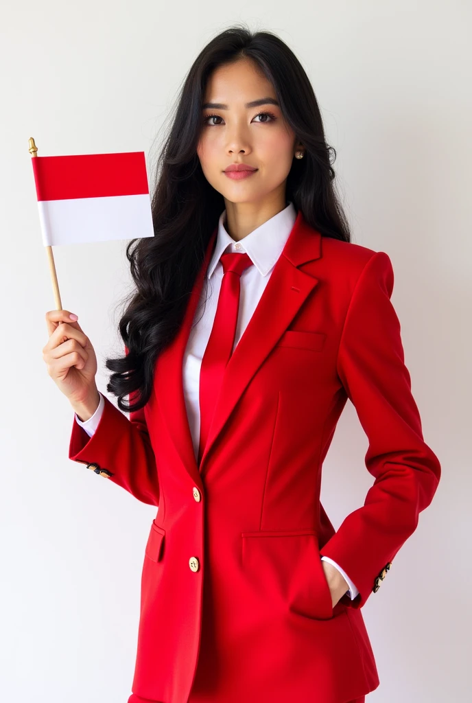 Female model, beauty, long hair, black hair, Earring, blazer red, shirt, tie red, hold the indonesian flag, white background