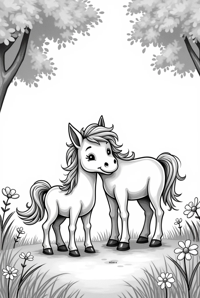 A black and white drawing of a cute and happy foal drinking from its mother in a field with trees and flowers., as if they were cartoon characters