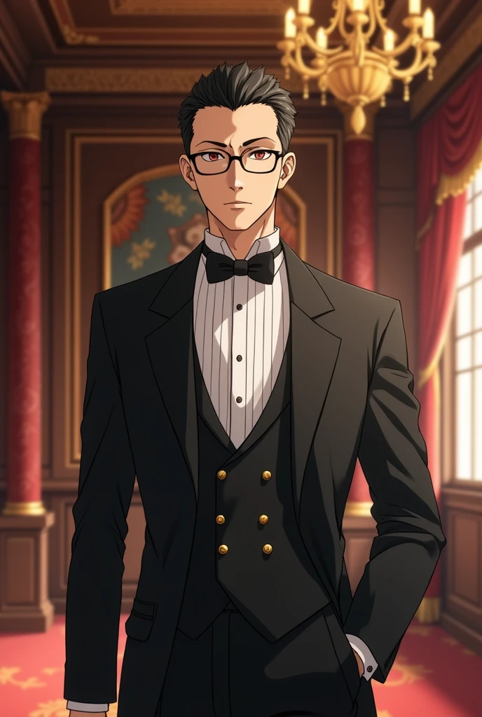 Butler、Short Hair、Glasses、Gentle eyes、Sharp mouth、Age: 35、Japanese、In anime style