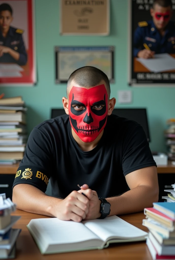 man studying for a competitive exam, offwhite, with an angry face, low haircut and background related to studying for a competitive exam,looking straight ahead,with a red skull face, with black shirt, and with military police officer armbands