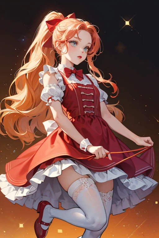 Spaghetti Sue is a light-skinned girl with chartreuse eyes, red lips, and long blonde hair pulled into a ponytail with several curls and wavy strands, making them resemble spaghetti noodles. She has a single curled strand at her forehead and she wears a red hair bow. Her teal dress has a red piece of fabric wrapped around her shoulders to match the lining around the bottom of her skirt, and around her waist is a white frilly heart-shaped apron with a ribbon on it. She also wears white tights and red shoes with a bow on the foot. SPARKLE; GLITTER