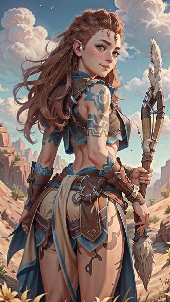 AloyHorizon, solo, long hair, smile, brown hair, hair ornament, navel, brown eyes, weapon, braid, outdoors, parted lips, sky, day, red hair, armor, blue sky, lips, looking to the side, tattoo, looking away, thick eyebrows, shoulder armor, freckles, showing ass, half naked, ((aming with a bow)))