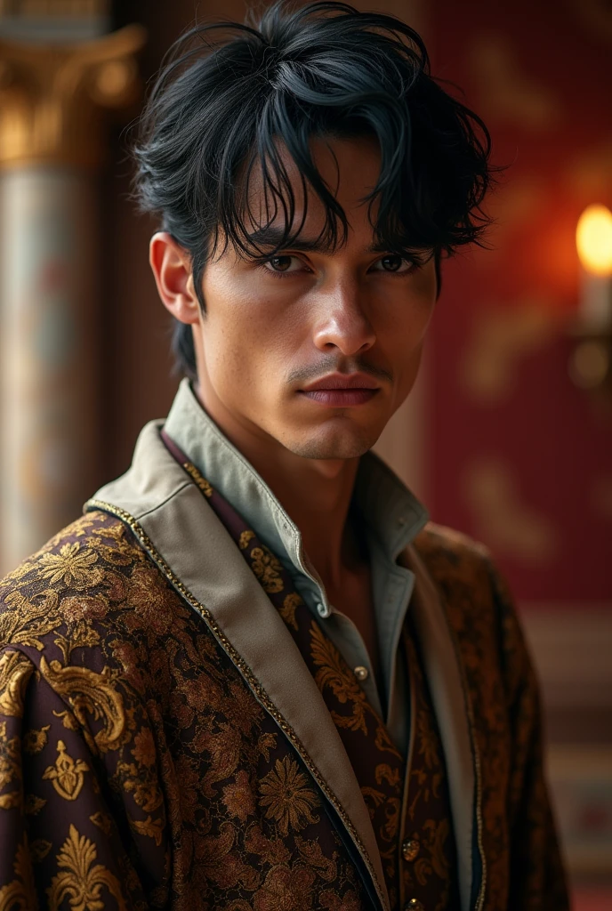 handsome 25 year old man, a tough but handsome profile, tanned skin, black hair, slightly messy, black eyes, unfriendly face, beardless and dressed like a king.