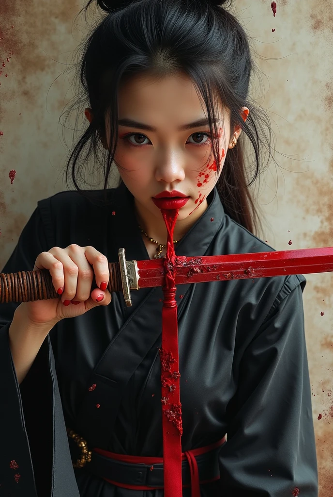 Very beautiful Chinese woman cutting the throat of a man ninja, blood stains, blood splashed