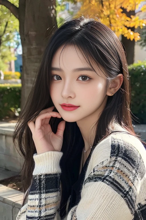 A beautiful 18-year-old girl with black hair、A long skirt with a red checkered pattern、White blouse with long sleeves、Lightweight cardigan、Slim body with beautiful curves, A sparkling smile、Fresh breeze、Realistic skin texture,、Autumn park、Soft Light、(Surreal), (Awareness-raising), (High resolution), (8k), (Very detailed), (Beautiful Eyes), (Highest quality), (Super detailed), (masterpiece),(Detailed face),