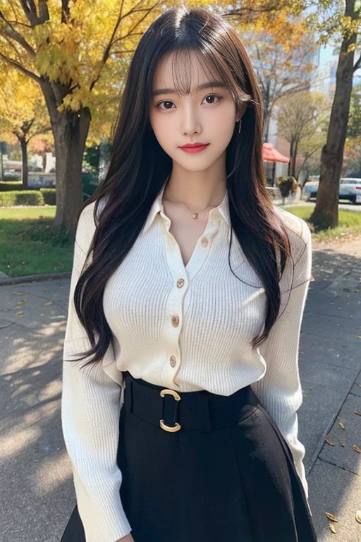 A beautiful 18-year-old girl with black hair、A long skirt with a red checkered pattern、White blouse with long sleeves、Lightweight cardigan、Slim body with beautiful curves, A sparkling smile、Fresh breeze、Realistic skin texture,、Autumn park、Soft Light、(Surreal), (Awareness-raising), (High resolution), (8k), (Very detailed), (Beautiful Eyes), (Highest quality), (Super detailed), (masterpiece),(Detailed face),