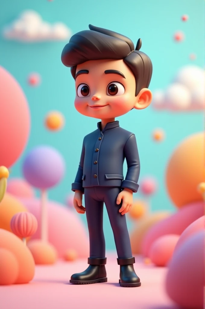 Create a very thin 3d mascot with an adult face without any beard, male, light brown, thin, with a very thin face and a thin chin, with brown eyes, wearing a dark blue uniform with dark blue pants, no logo, no details, with black boots , and also with curly hair ,muito curto , but very goosebumps and very bald with a thin nose .