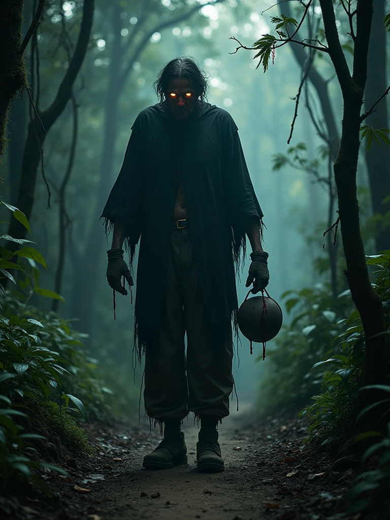 An eerie scene in a dark, narrow path deep within a dense Amazonian forest. The terrifying figure of Matinta Perera, a malevolent witch from Amazonian folklore, floats just above the ground, advancing toward a middle-aged man who stands in her path. Matinta Perera is hunched over, draped in tattered black robes that blend with the shadows, her face a haunting void with glowing, piercing eyes. The man, wearing rugged work clothes with a miner's helmet hanging from his hand, looks both terrified and determined as he clutches his wounded arm, blood dripping from fresh cuts. The twisted, whispering trees seem to recoil from Matinta Perera’s presence as she moves closer, her long, bony fingers outstretched menacingly. The scene is lit by a faint, eerie light, casting long, ominous shadows, emphasizing the tension and supernatural horror of the encounter.